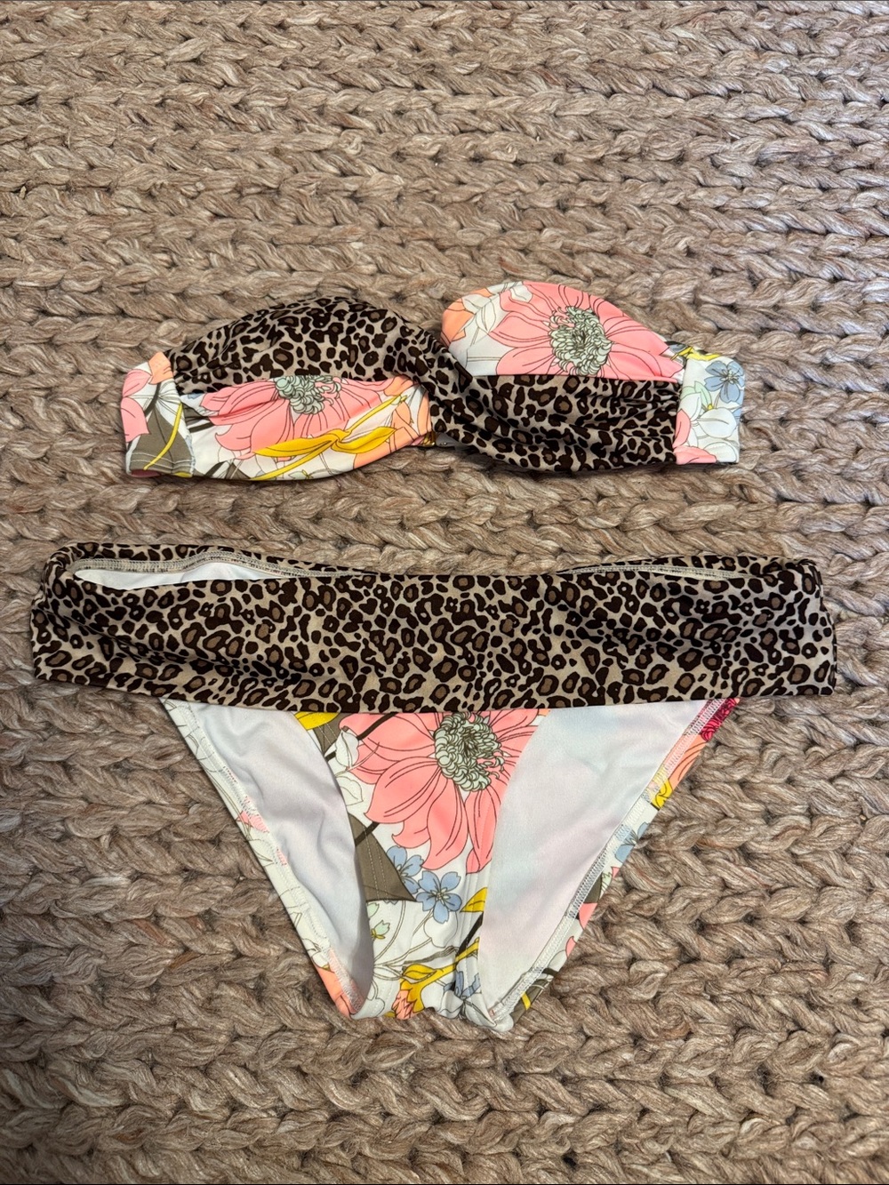 Victoria's Secret Y2K Floral Bikini w/ Leopard Trim Sz 32A Top Small Bottoms